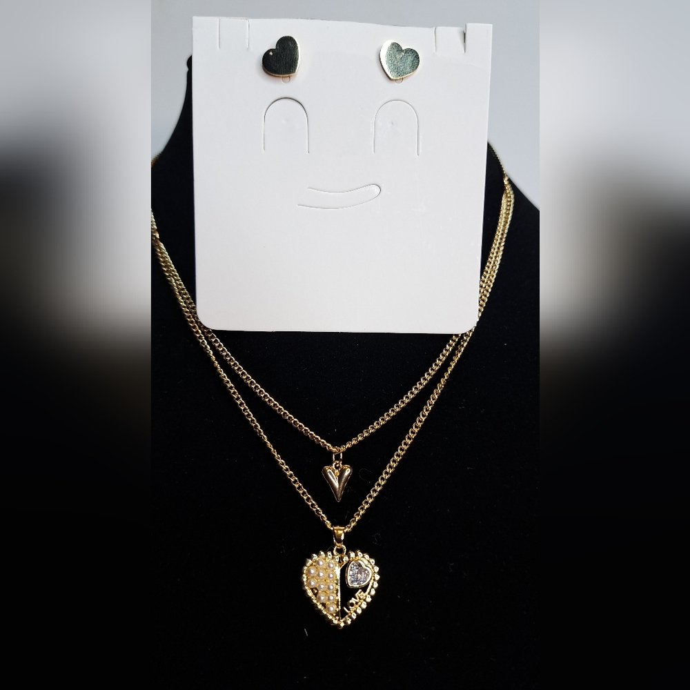 Gold Layered Heart Pendant Necklace & Earring Set